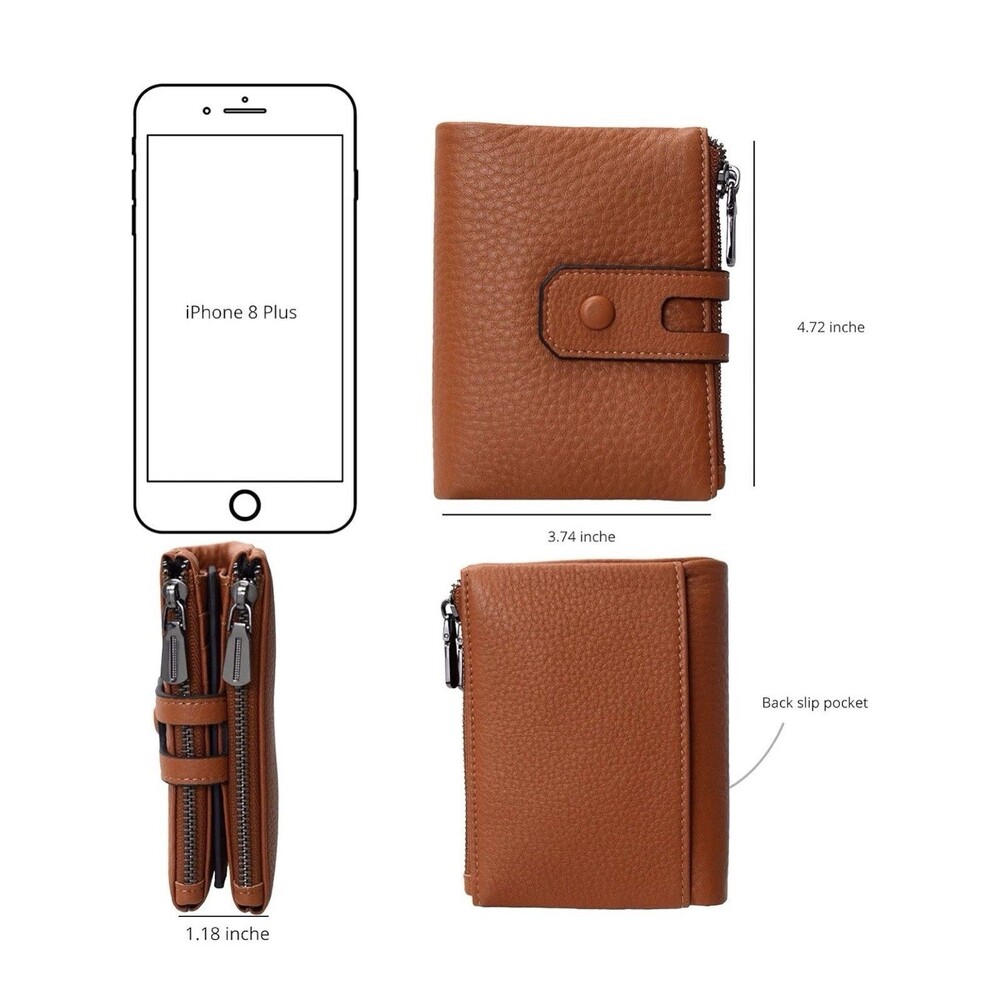 Bveyzi Small Soft Leather Wallet RFID Blocking W/ DBL Zipper Pocket Brown NWT - Picture 6 of 6